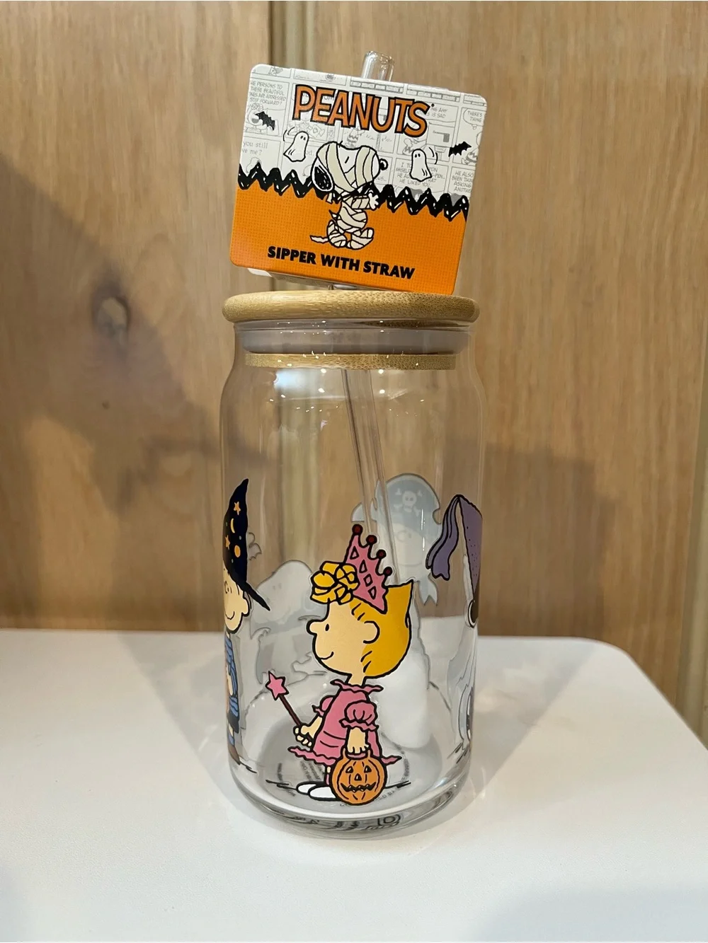 Peanuts Clear Halloween Glass Sipper with Pink and Yellow Accents